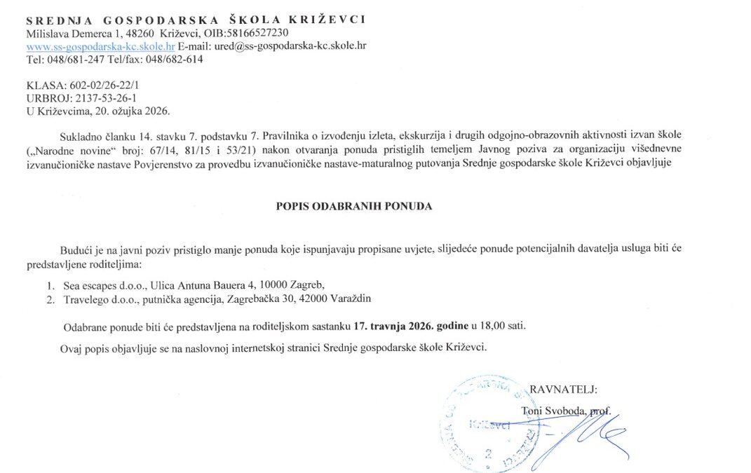 Popis odabranih ponuda